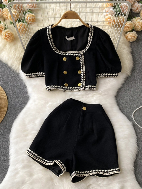 Womens Two Piece Pants French Streetwear Small Fragrance Pants Suits Women Short Jacket Coat Crop Top High Waist Shorts Sets Summer Two Piece Set 2302