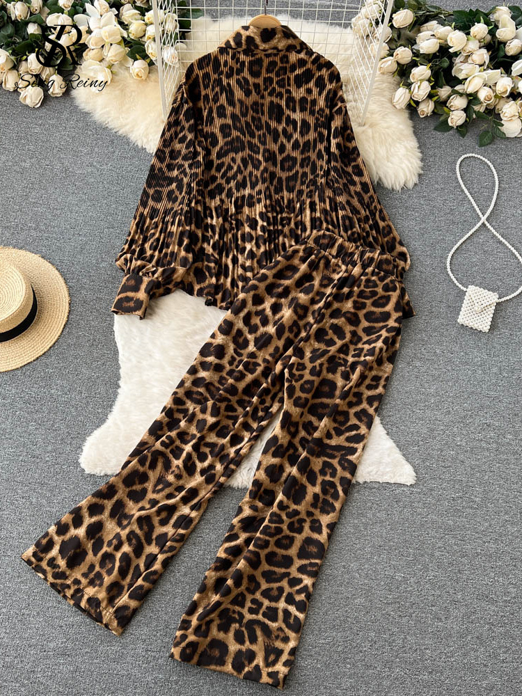 Womens Two Piece Pants SINGREINY Leopard Vinage Casual Autumn Suits Loose Folds Lapel Blouse TopsWide Leg Long Pants Streetwear Women Two Pieces Suits