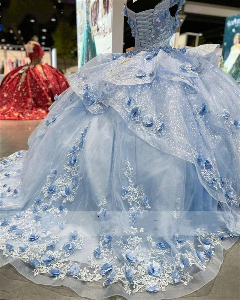 Ball Princess Blue Sky Gown Dresses Wers Lace Appliques Sweet Dress Vestidos De Quinceanera Corset
