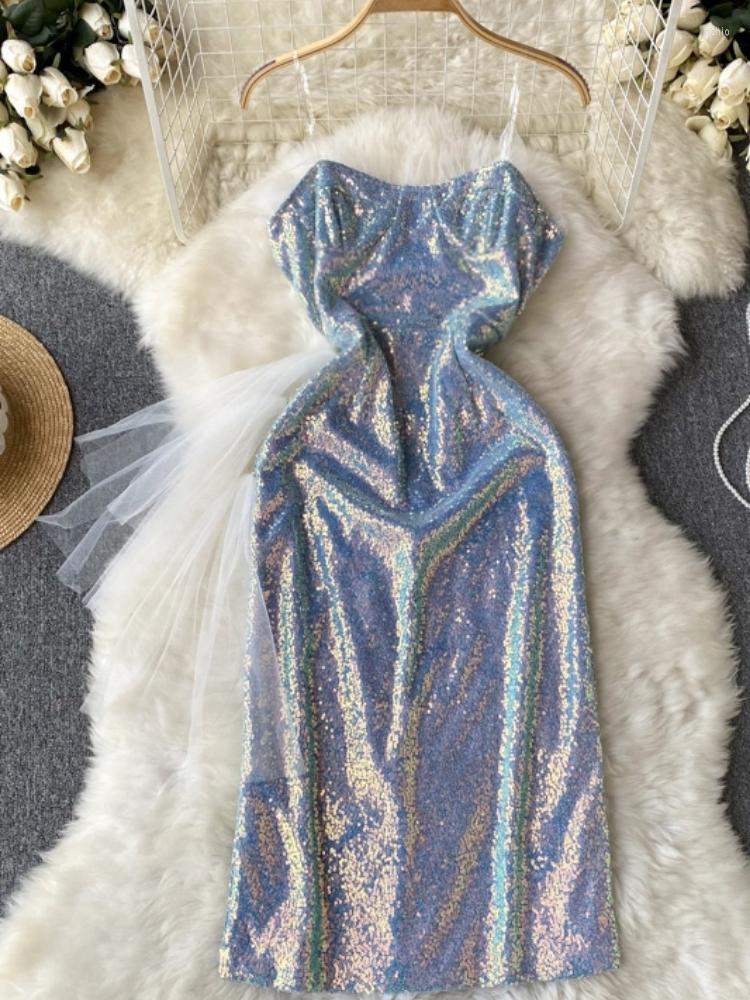 Casual Dresses Summer Fashion Sequins Stitching Mesh Slim Wrap Hip Mini Evening Dress Women Sleeveless Night Club Vestidos J126