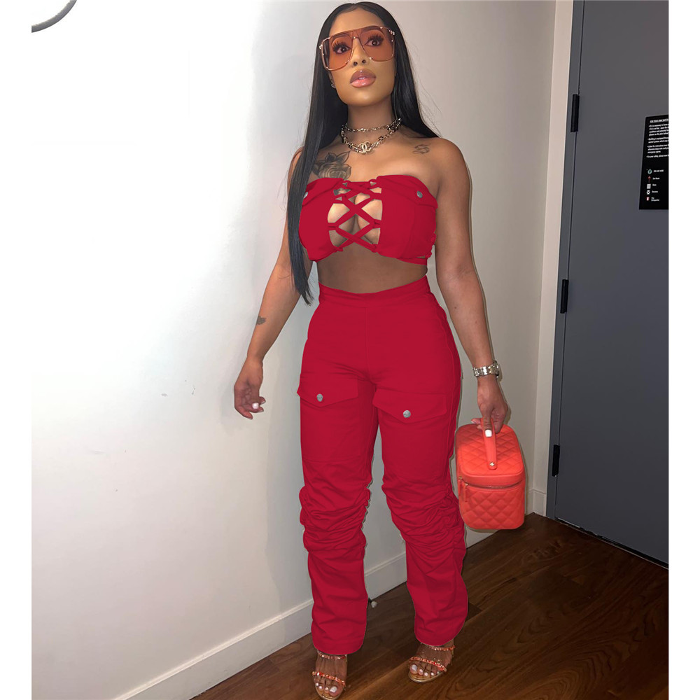 2023 Designer Summer Tracksuits Women Outfits Two Piece Sets Sexy Bandage Strapless Tank Top and Pants Sportswear Casual Camo Sweatsuits Wholesale Clo