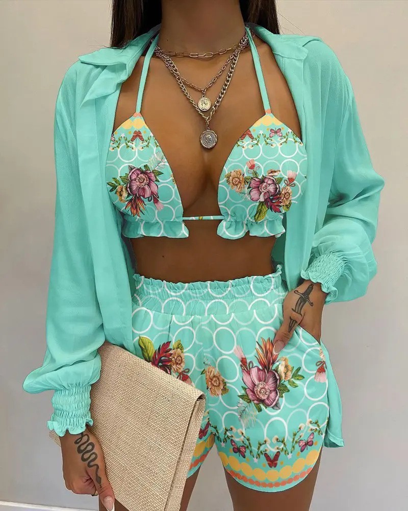 Womens Two Piece Pants Summer 3 Piece Set Outfits Women Fashion Sexy Beach Style Printed Suspender Shirt Shorts Pant Suit Three Piece Set Women 230228