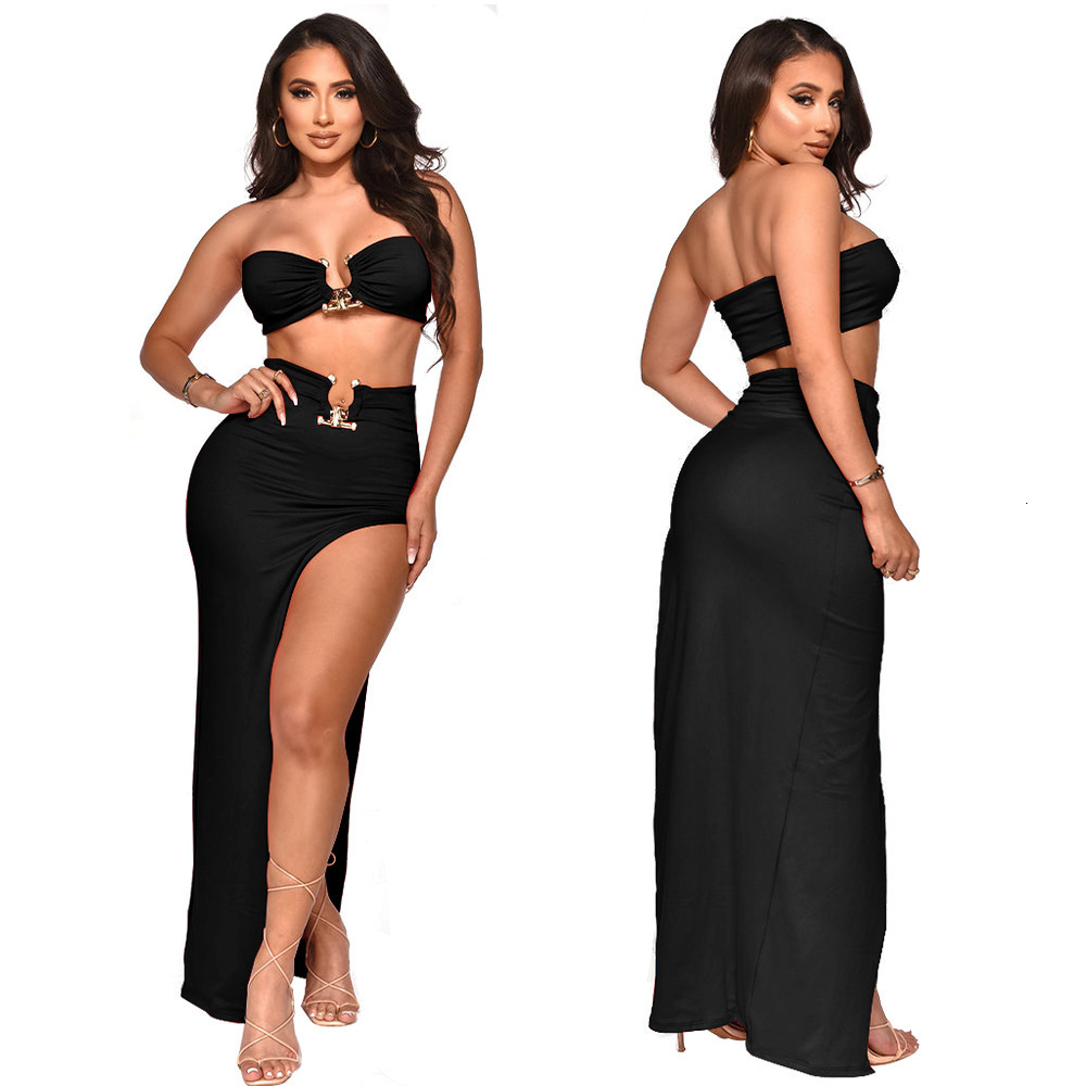 Two Piece Dress Women Skirt Suit Summer Two Piece Set Solid Strapless Sleeveless Tank Top High Slit Maxi Skirts Outfit Party Club Matching Set 230228