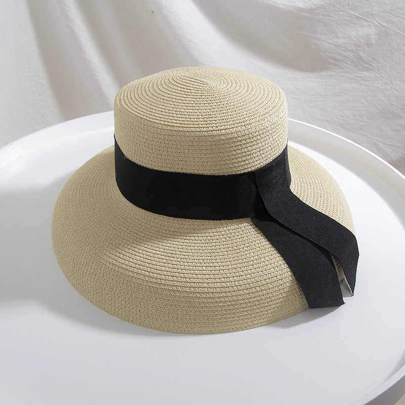 Wide Brim Hats Summer Women Beach Raffia Black White Ribbon Hat Bow Raffia Hat Temperament Flat Cap Straw Hats Women's Seaside Hat G230227 - view 5