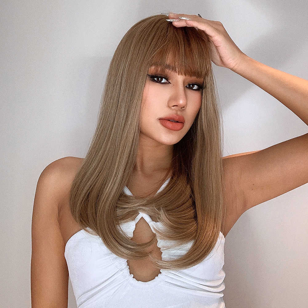 Synthetic Wigs Easihair Long Straight Synthetic Wigs for Women Brown with Bangs Daily Natural Hair Heat Resistant Christmas Gift 230227