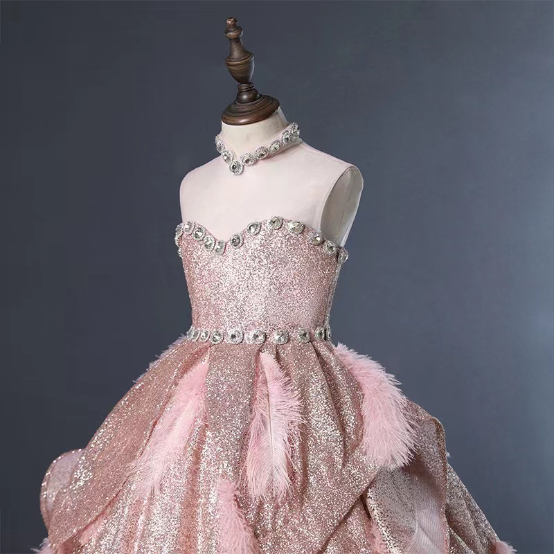 2024 Ball Gown Flower Girl Dresses for wedding sequined feather necklace Rhinestones Kids Pageant Dress beaded Girl's Birthday Party birthday par