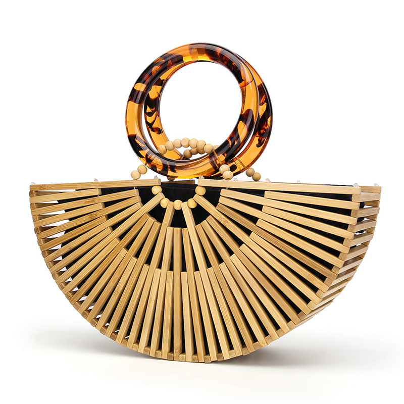 Vintga Bamboo Bags for Women Summer Straw Bags Wooden Beach Purses Basket Handle Handbags
