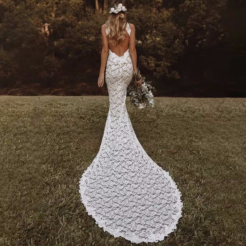 New Cheap Bohemian Sexy Arabic Mermaid Wedding Dresses Summer Beach Halter Backless Full Lace Sweep Train Formal Plus Size Bridal Gowns