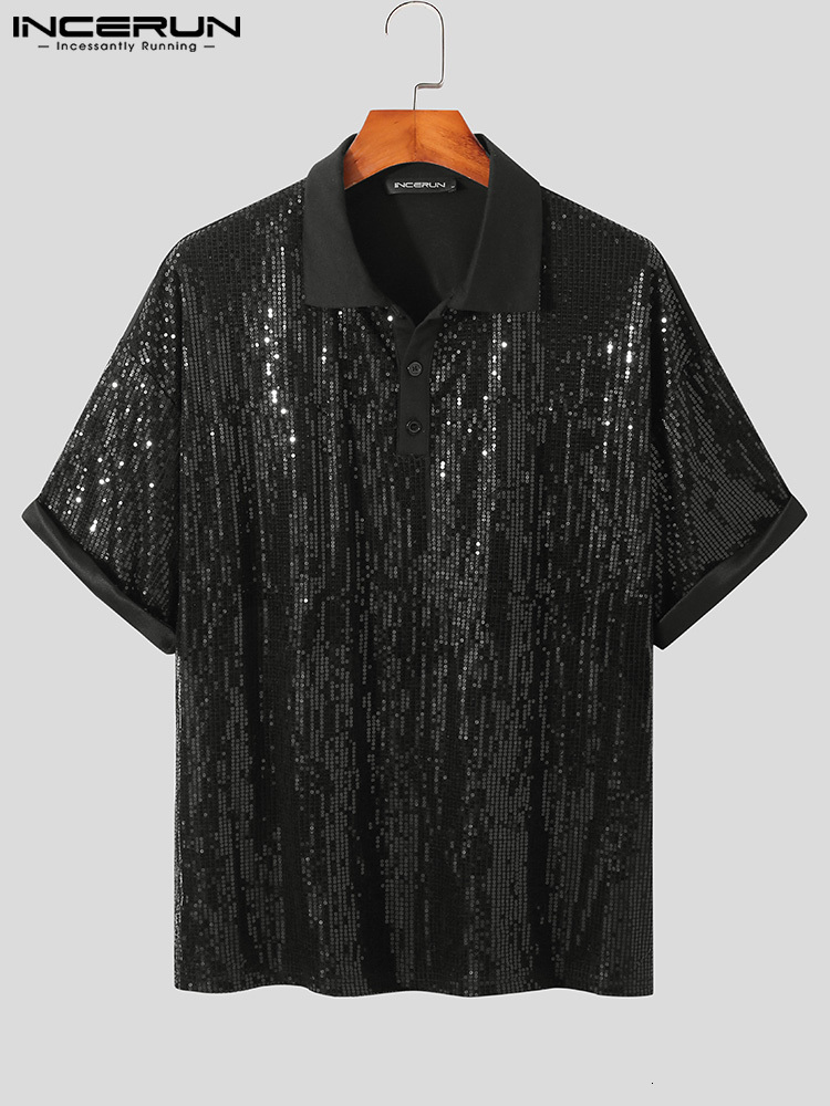 Men's Casual Shirts Casual Simple Style Tops INCERUN Men's Lapel Sequin Blouse Stylish Male Party Short Sleeve Button Shirts S-5XL 230228