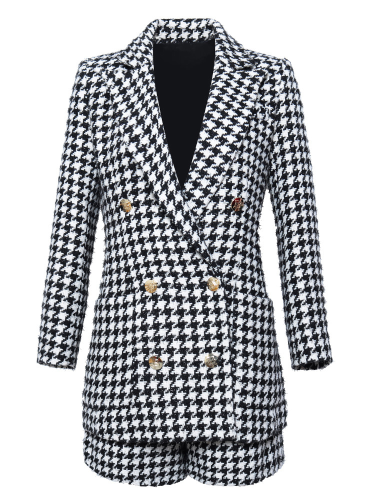 Womens Two Piece Pants Autumn and winter retro houndstooth tweed jacket female shorts twopiece ol temperament western style fashion suit 230228
