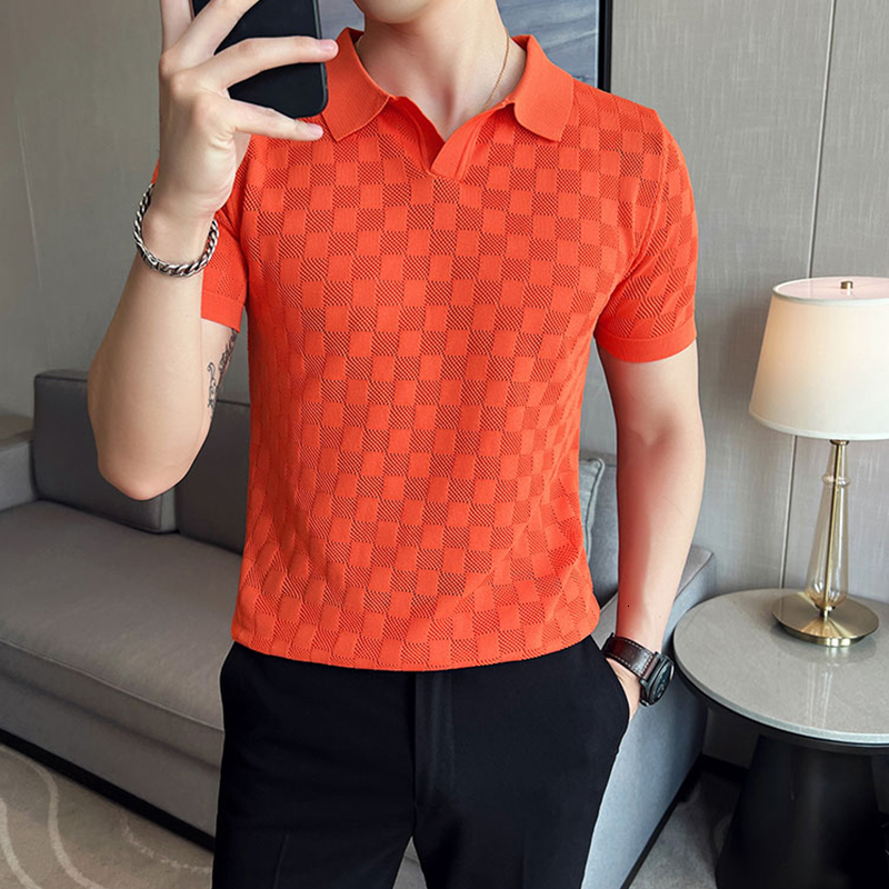 Men's Polos Summer Thin Ice Silk Knitted Polo Shirts Mens Elasticity Mesh Casual T Shirt Male Short Sleeve O-Neck Slim Fit Breathable Polos 23022