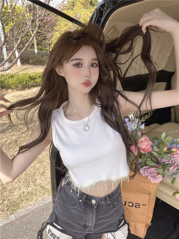 Womens high waist o-neck sleeveless rhinestone tassel fringe bottom short vest tanks camis