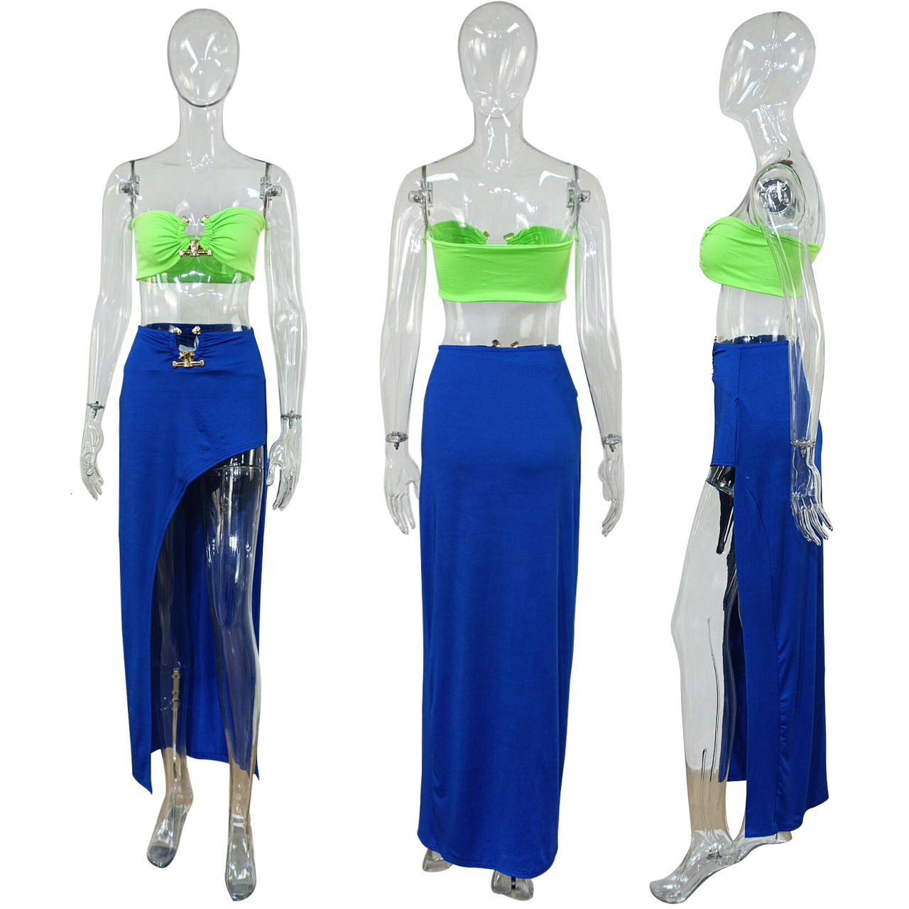 Two Piece Dress Women Skirt Suit Summer Two Piece Set Solid Strapless Sleeveless Tank Top High Slit Maxi Skirts Outfit Party Club Matching Set 230228