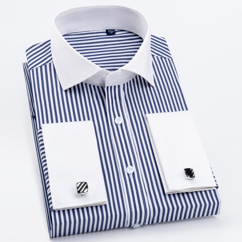 Men's Dress Shirts Windsor Collar Striped French Cuff Mens Long Sleeve Formal Business Party Wedding Slim Fit Tuxedo Cufflinks ShirtMen's