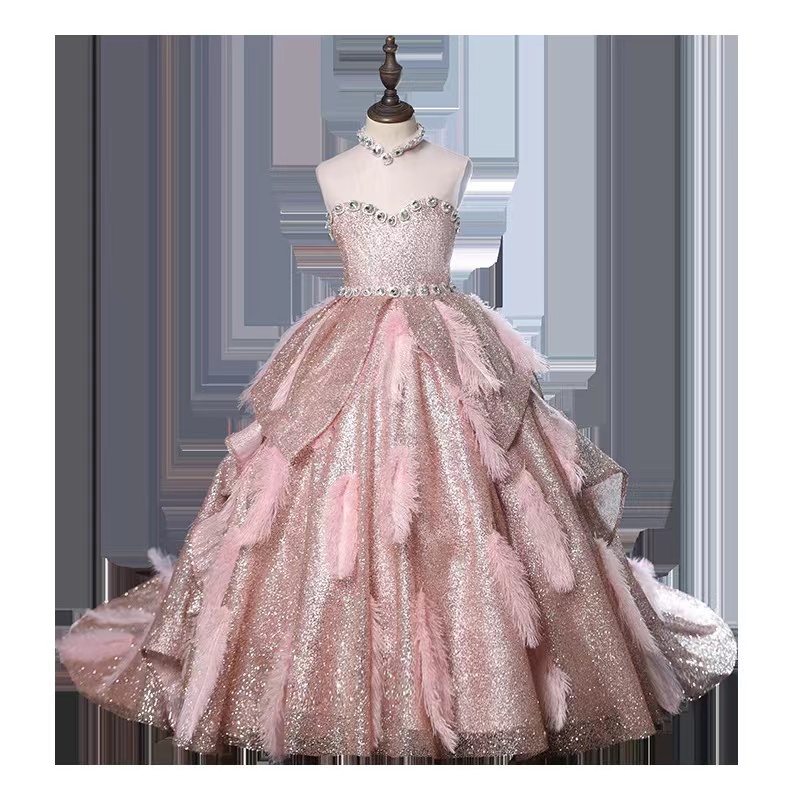 2024 Ball Gown Flower Girl Dresses for wedding sequined feather necklace Rhinestones Kids Pageant Dress beaded Girl's Birthday Party birthday par