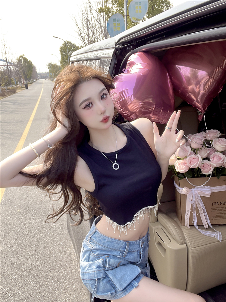 Womens high waist o-neck sleeveless rhinestone tassel fringe bottom short vest tanks camis