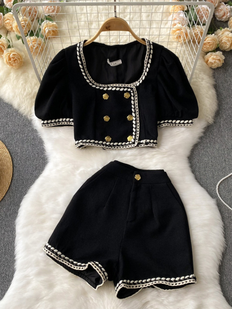 Womens Two Piece Pants French Streetwear Small Fragrance Pants Suits Women Short Jacket Coat Crop Top High Waist Shorts Sets Summer Two Piece Set 2302
