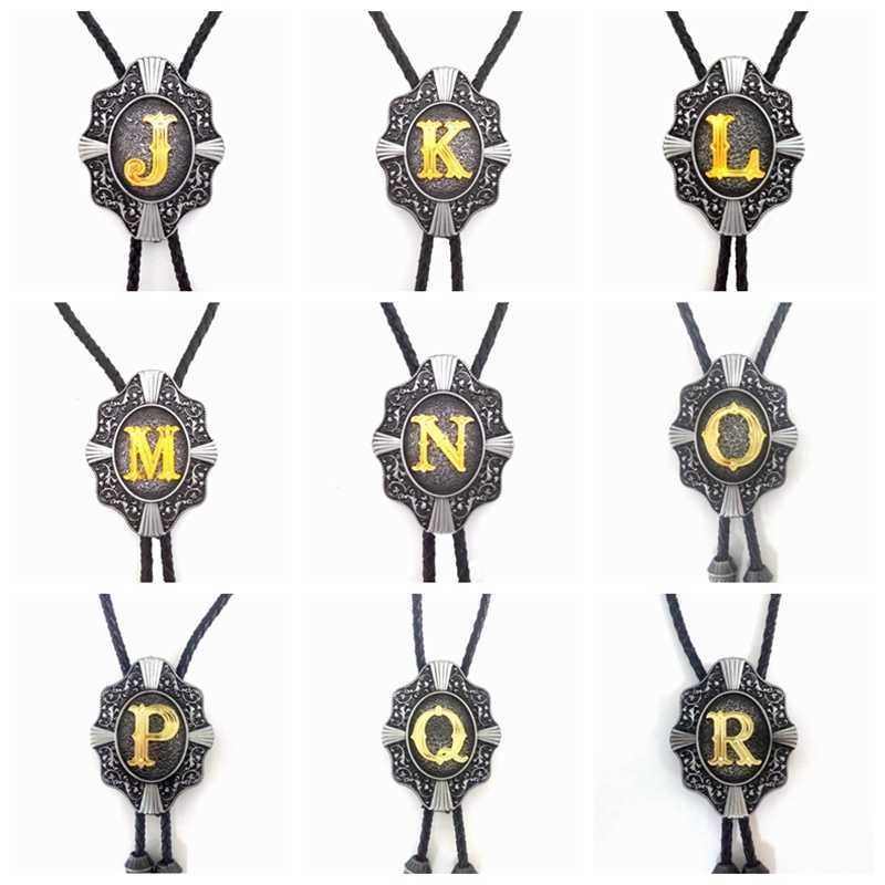 Neck Ties Golden Initial Letter A to Z Antique Silver Western Cowboy Rodeo Bolo Tie Adjustable Novelty Neckties for Men Accessories Gifts J230227