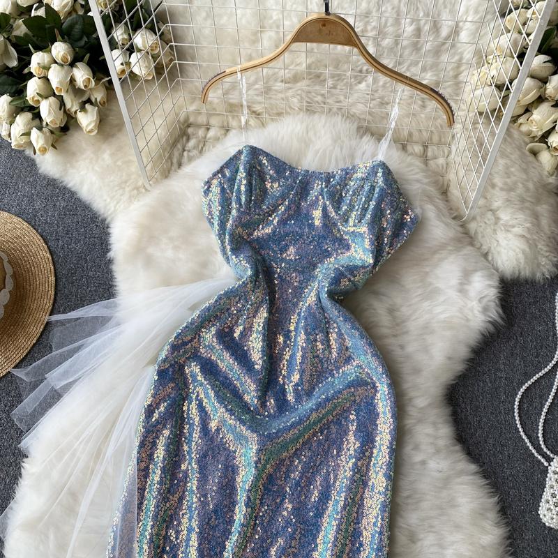 Casual Dresses Summer Fashion Sequins Stitching Mesh Slim Wrap Hip Mini Evening Dress Women Sleeveless Night Club Vestidos J126