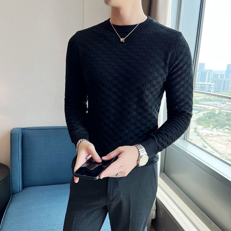Men's Sweaters Men's Autumn/Winter Thermal Knit Sweater/Male Slim Fit Plaid Fashion Round Collar Set Head Sweaters Jumper Casual Sweater 230