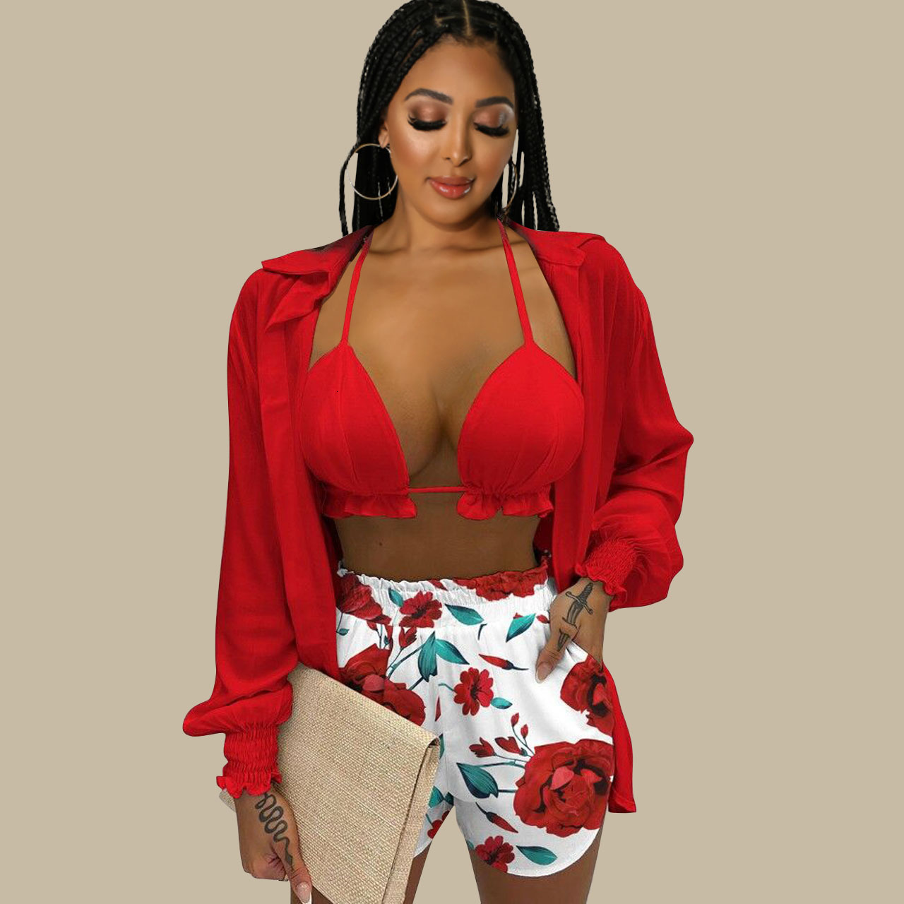 Womens Two Piece Pants Summer 3 Piece Set Outfits Women Fashion Sexy Beach Style Printed Suspender Shirt Shorts Pant Suit Three Piece Set Women 230228