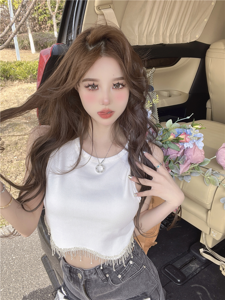Womens high waist o-neck sleeveless rhinestone tassel fringe bottom short vest tanks camis