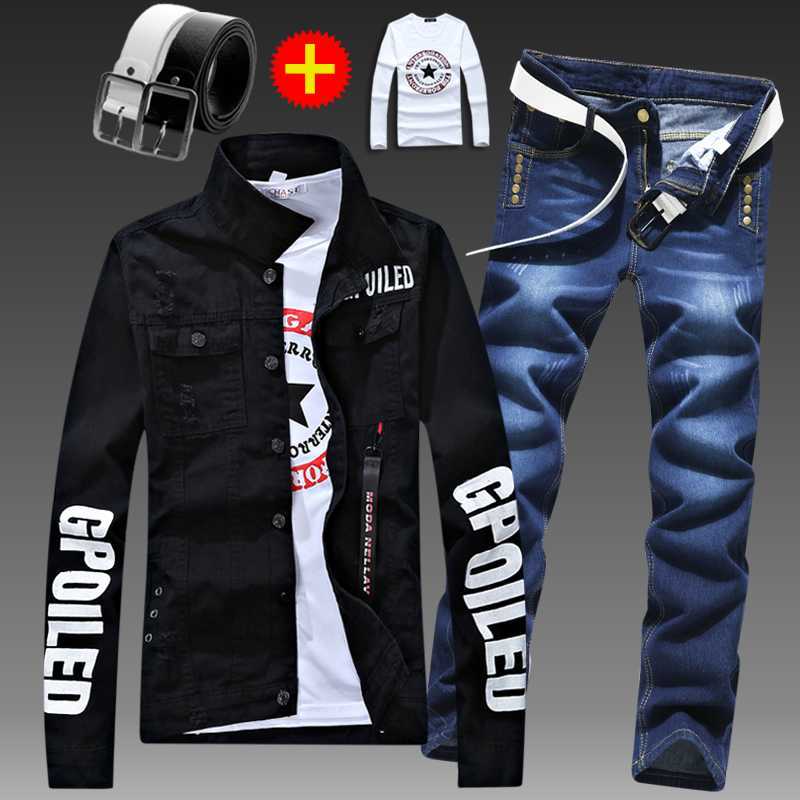 Men's Tracksuits Men's slim denim jacket pants 2-piece long sleeve jacket letter-printed casual large black and white men's trousers Z0