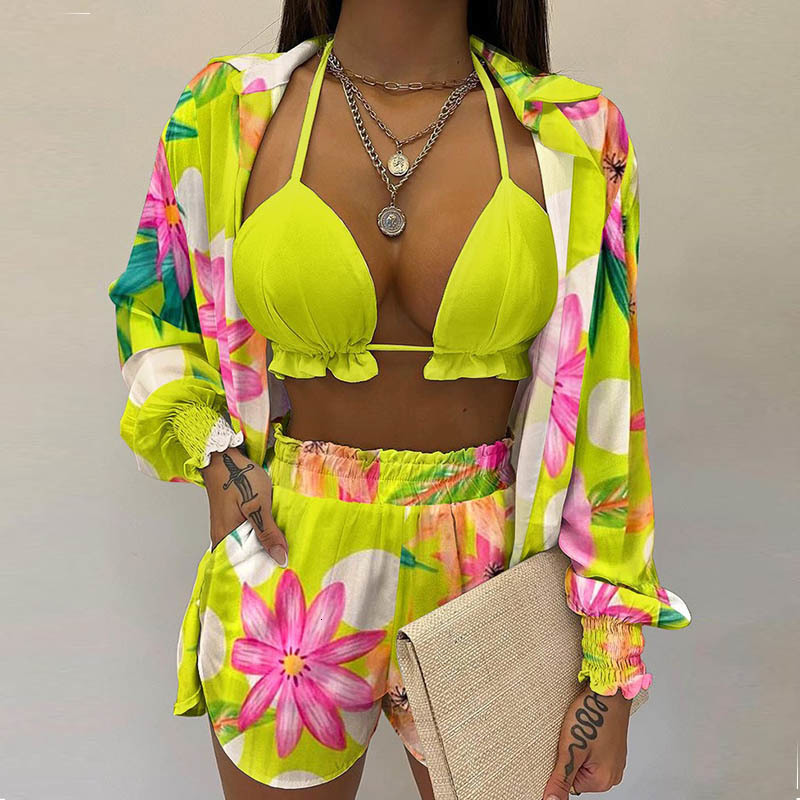 Womens Two Piece Pants Summer beach 3pcs Set women Cardigan blouse Tops Shorts set Lady casual Lanter sleeve Loose short pants Suits leaf print sets 2