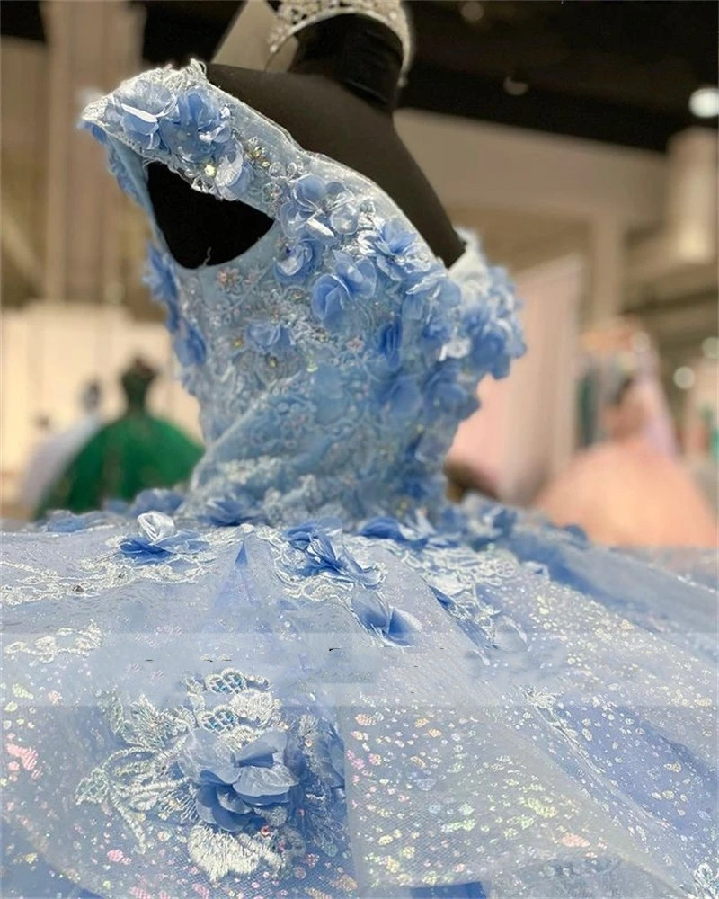 Ball Princess Blue Sky Gown Dresses Wers Lace Appliques Sweet Dress Vestidos De Quinceanera Corset