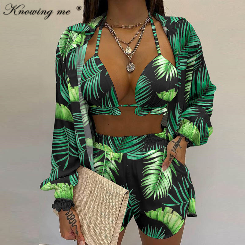 Womens Two Piece Pants Summer beach 3pcs Set women Cardigan blouse Tops Shorts set Lady casual Lanter sleeve Loose short pants Suits leaf print sets 2