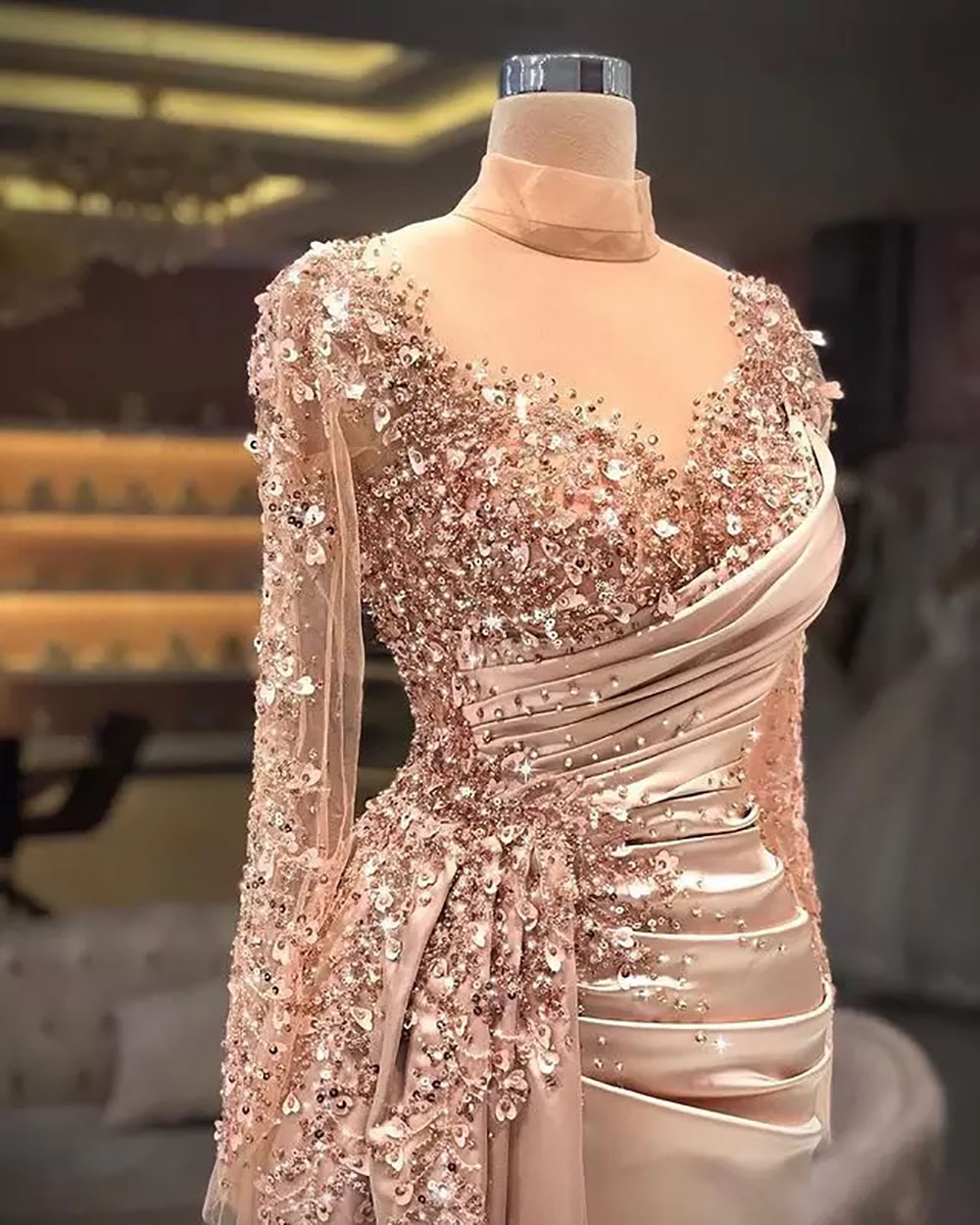 Prom Party Gown New Evening Dresses Plus Size Formal or-Length Custom Applique Illusion Long Sleeve High Neck Beaded Mermaid Satin Sequins
