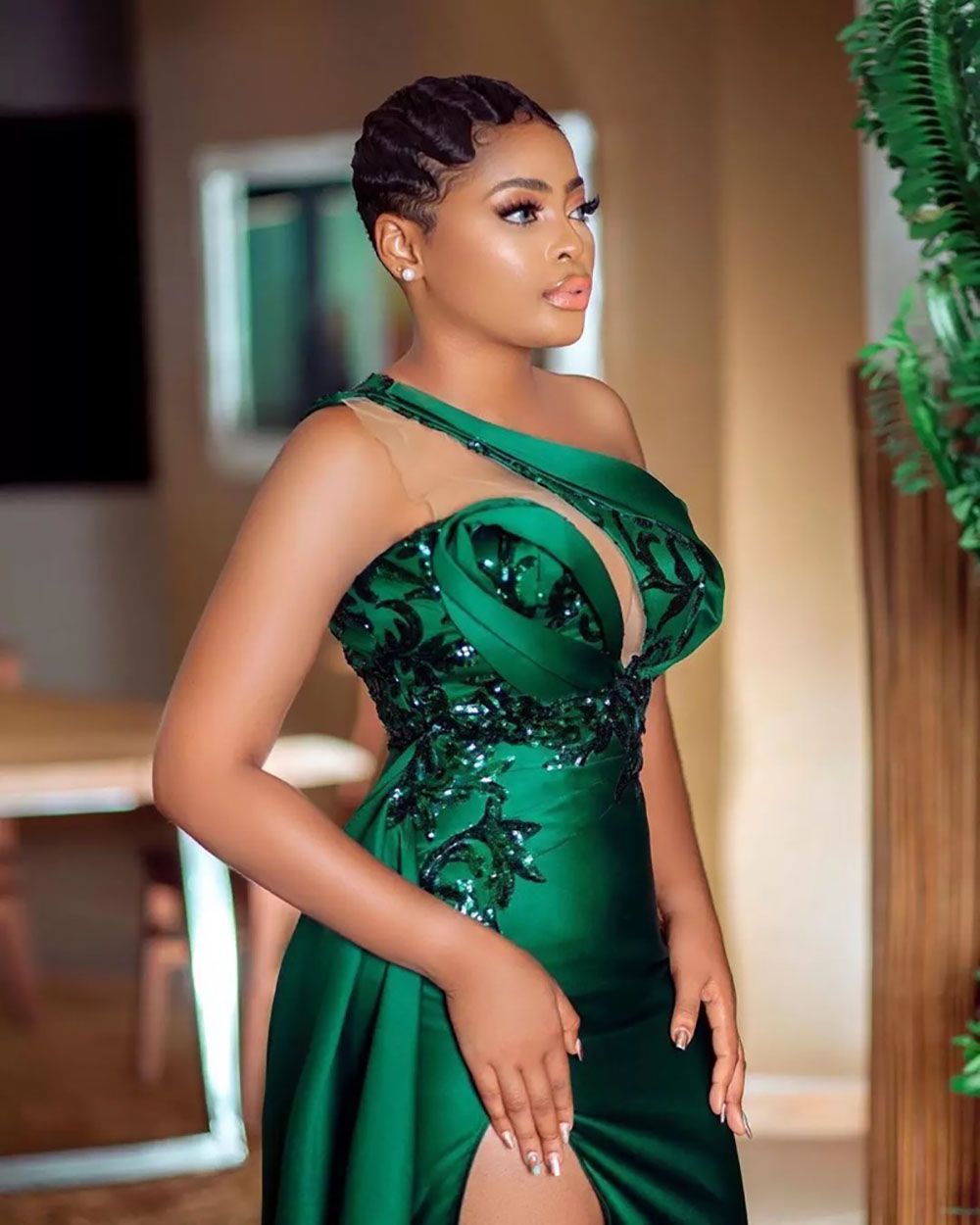 Green Hunter Evening Dresses Plus Size Prom Party Gown New Formal Or Length Custom Applique Mermaid One Shoulder Illusion Thigh High Slits Satin