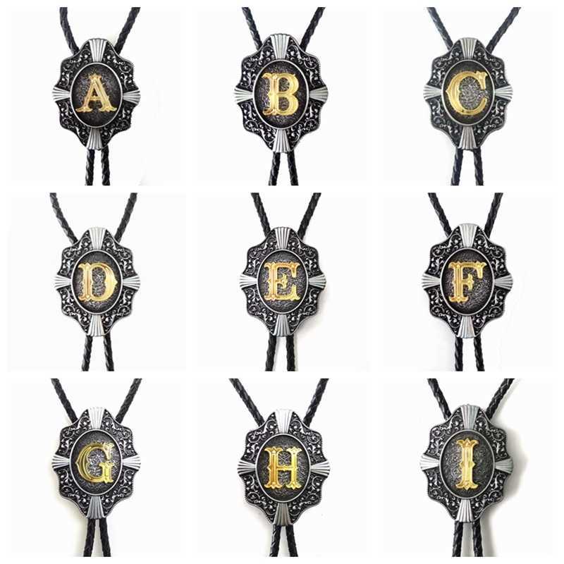 Neck Ties Golden Initial Letter A to Z Antique Silver Western Cowboy Rodeo Bolo Tie Adjustable Novelty Neckties for Men Accessories Gifts J230227