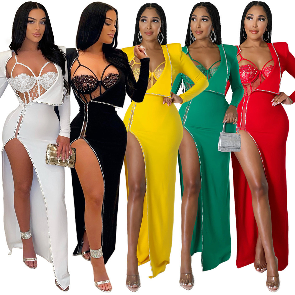 Two Piece Dress CMYAYA Women Diamonds Drill Side High Side Split Midi Maxi Dress and Lace Sleeveless Bodysuit Matching Set 2 Piece Outfit 230228