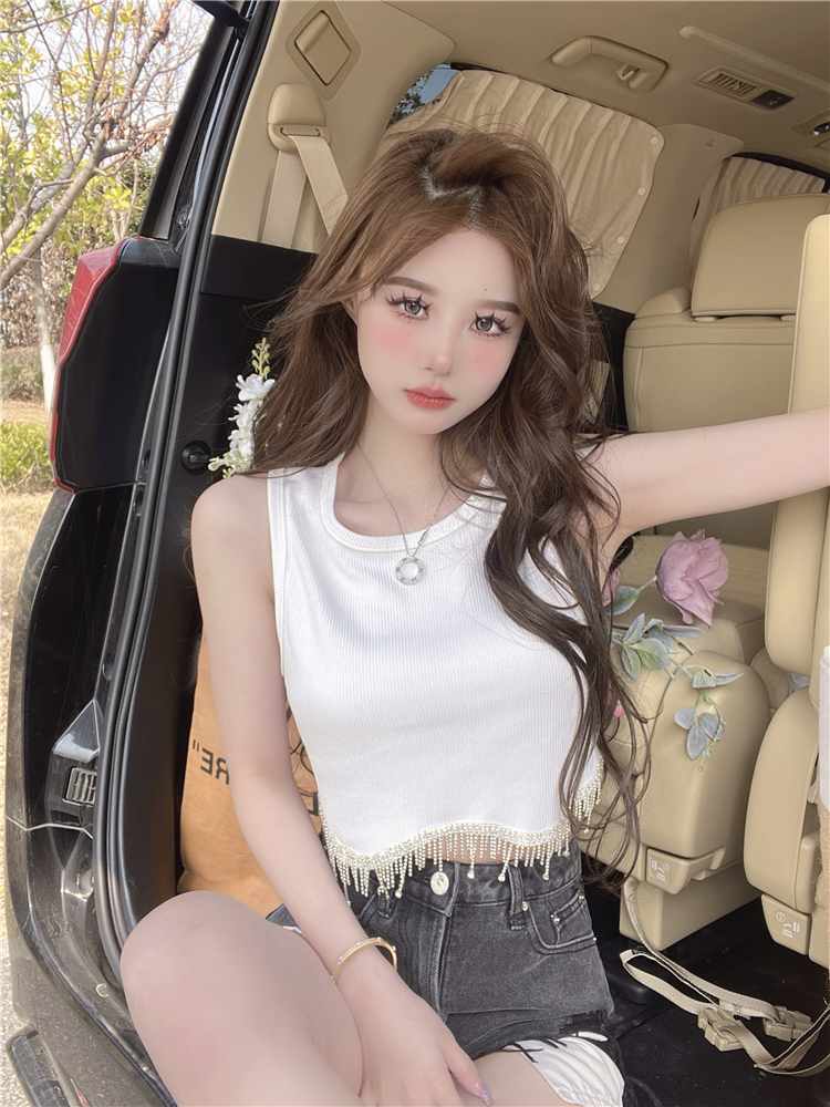 Womens high waist o-neck sleeveless rhinestone tassel fringe bottom short vest tanks camis