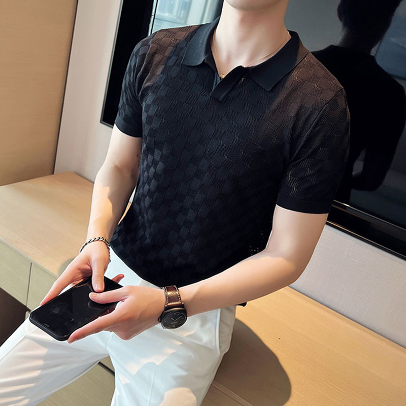 Men's Polos Summer Thin Ice Silk Knitted Polo Shirts Mens Elasticity Mesh Casual T Shirt Male Short Sleeve O-Neck Slim Fit Breathable Polos 23022