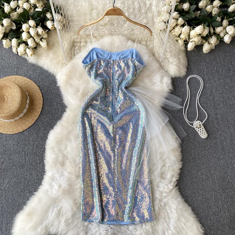 Casual Dresses Summer Fashion Sequins Stitching Mesh Slim Wrap Hip Mini Evening Dress Women Sleeveless Night Club Vestidos J126