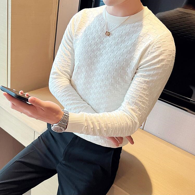 Men's Sweaters Men's Autumn/Winter Thermal Knit Sweater/Male Slim Fit Plaid Fashion Round Collar Set Head Sweaters Jumper Casual Sweater 230