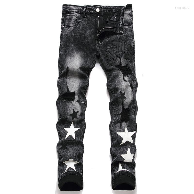 Men's Jeans Stars Men Embroidery Ripped Trend Motorcycle Pants Streetwear Black Denim Slim Fit Casual Holes Destroyed Hip Hop Trousers