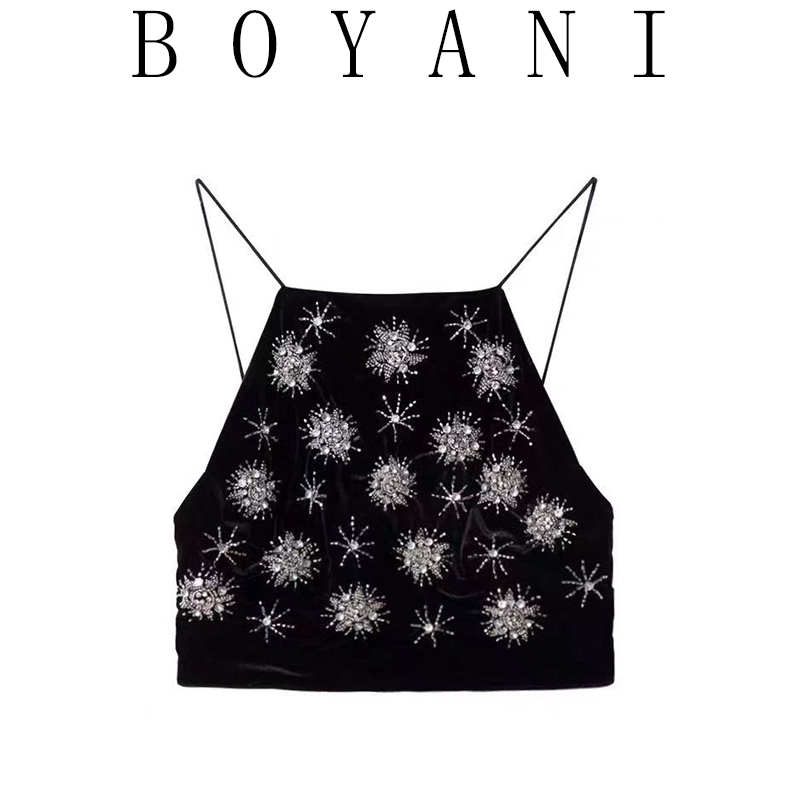 Womens spaghetti strap rhinestone flowers patchwork black color backless short high waist bustier tanks camis SMLXL