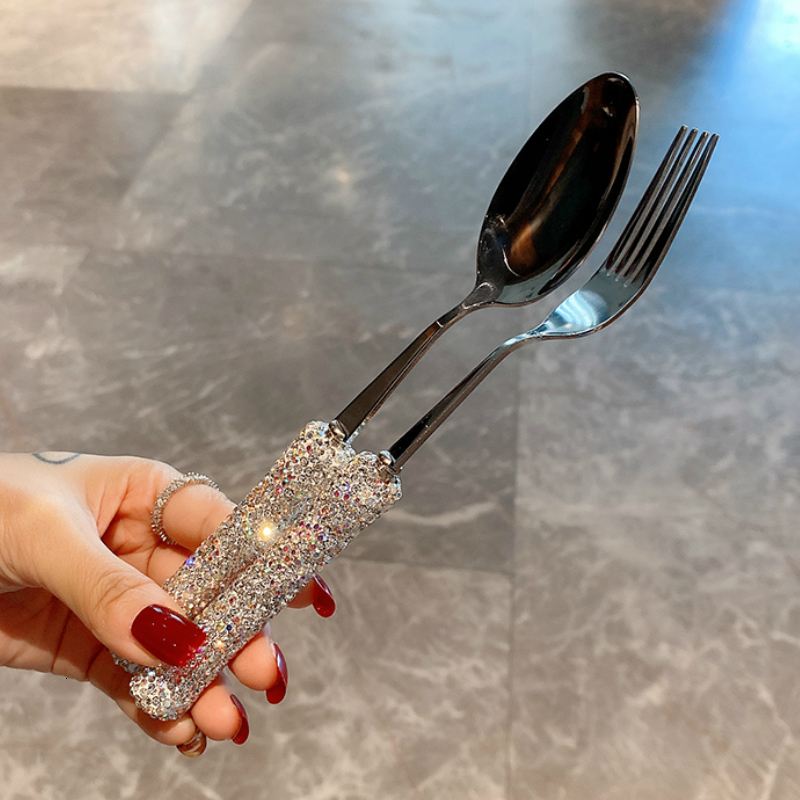 Dinnerware Sets Sparkling Diamond Spoon and Fork 304 Stainless Steel Forks Eco Friendly Cutlery Tableware Flatware Dish 230228