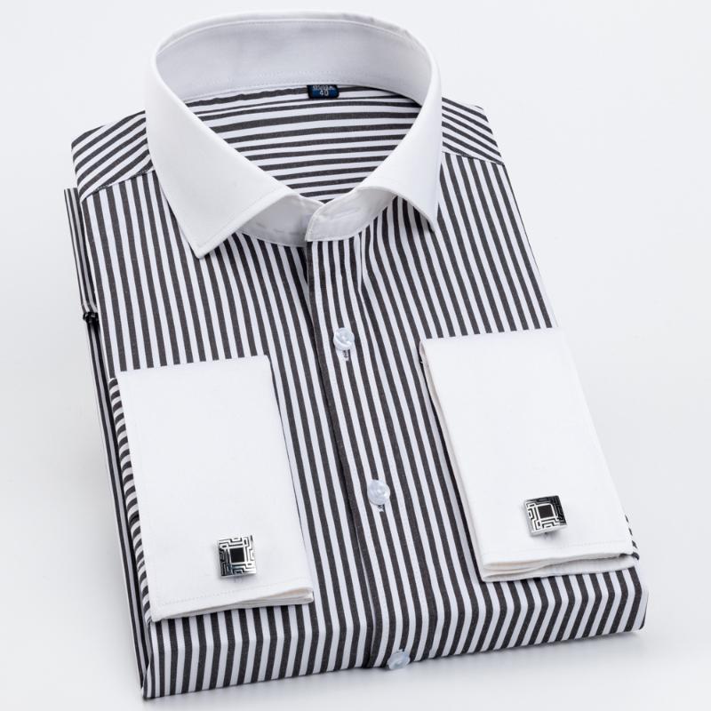 Men's Dress Shirts Windsor Collar Striped French Cuff Mens Long Sleeve Formal Business Party Wedding Slim Fit Tuxedo Cufflinks ShirtMen's
