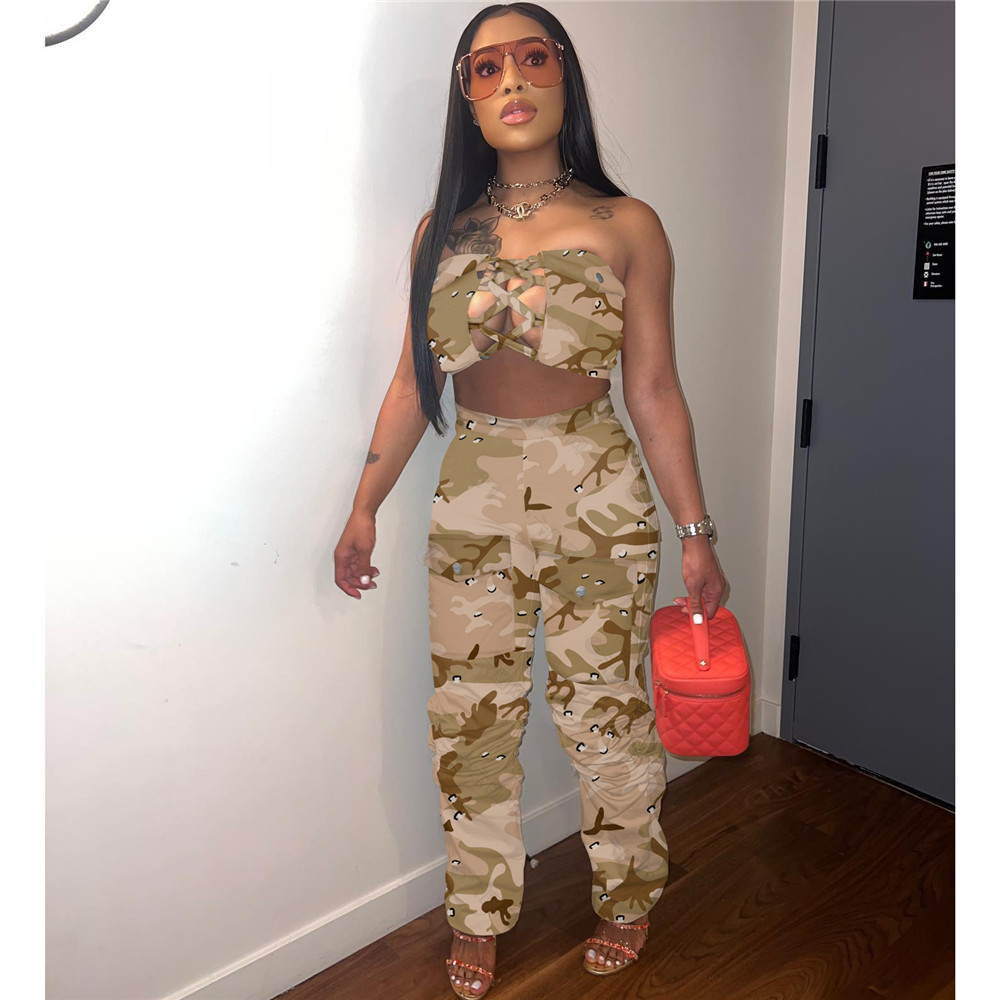 2023 Designer Summer Tracksuits Women Outfits Two Piece Sets Sexy Bandage Strapless Tank Top and Pants Sportswear Casual Camo Sweatsuits Wholesale Clo