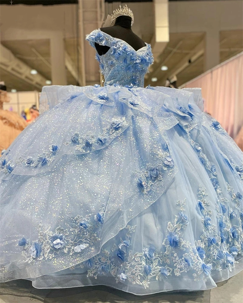 Ball Princess Blue Sky Gown Dresses Wers Lace Appliques Sweet Dress Vestidos De Quinceanera Corset