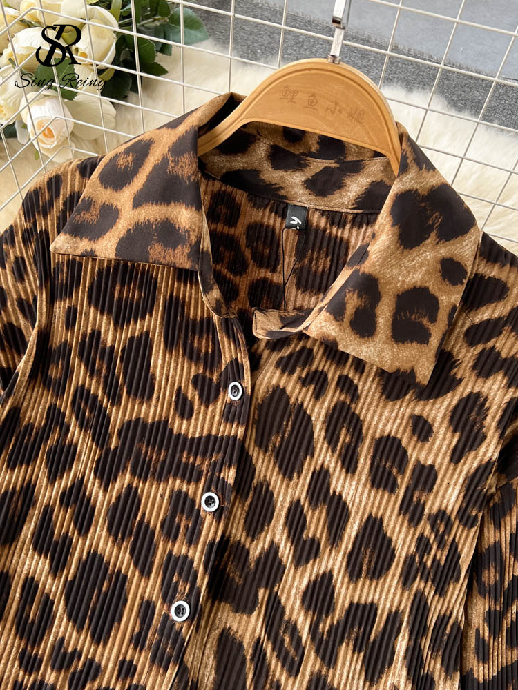 Womens Two Piece Pants SINGREINY Leopard Vinage Casual Autumn Suits Loose Folds Lapel Blouse TopsWide Leg Long Pants Streetwear Women Two Pieces Suits