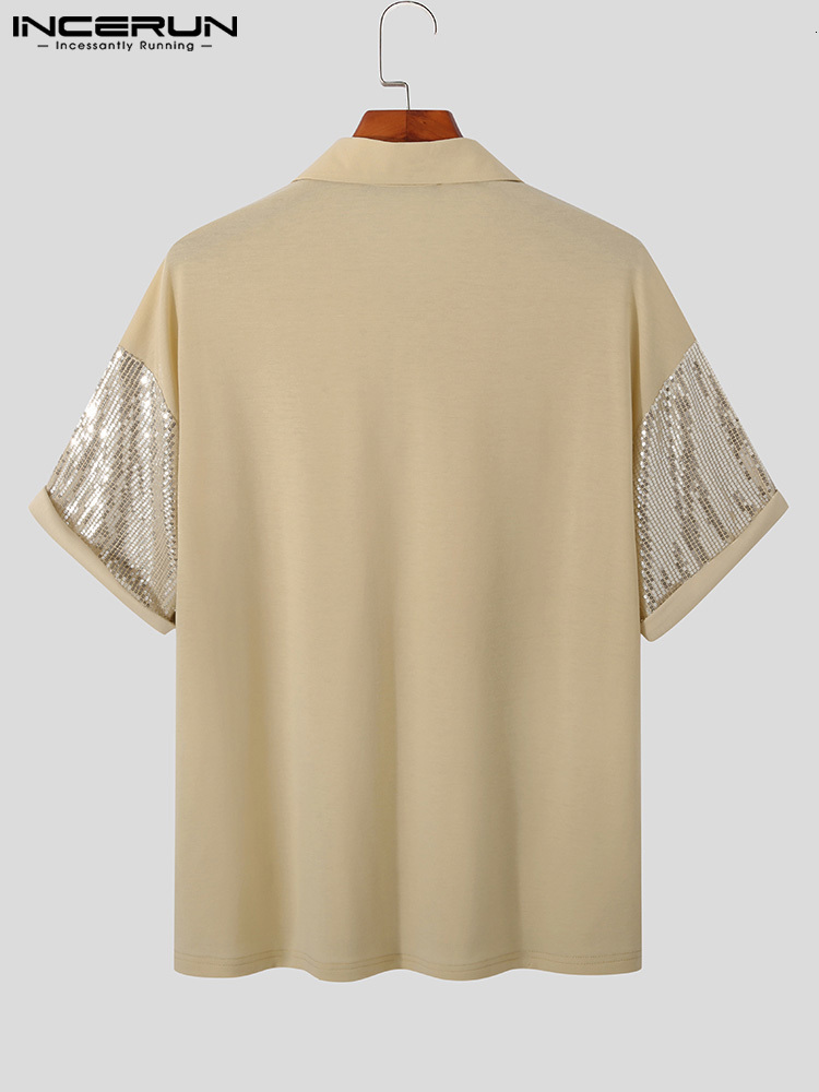 Men's Casual Shirts Casual Simple Style Tops INCERUN Men's Lapel Sequin Blouse Stylish Male Party Short Sleeve Button Shirts S-5XL 230228
