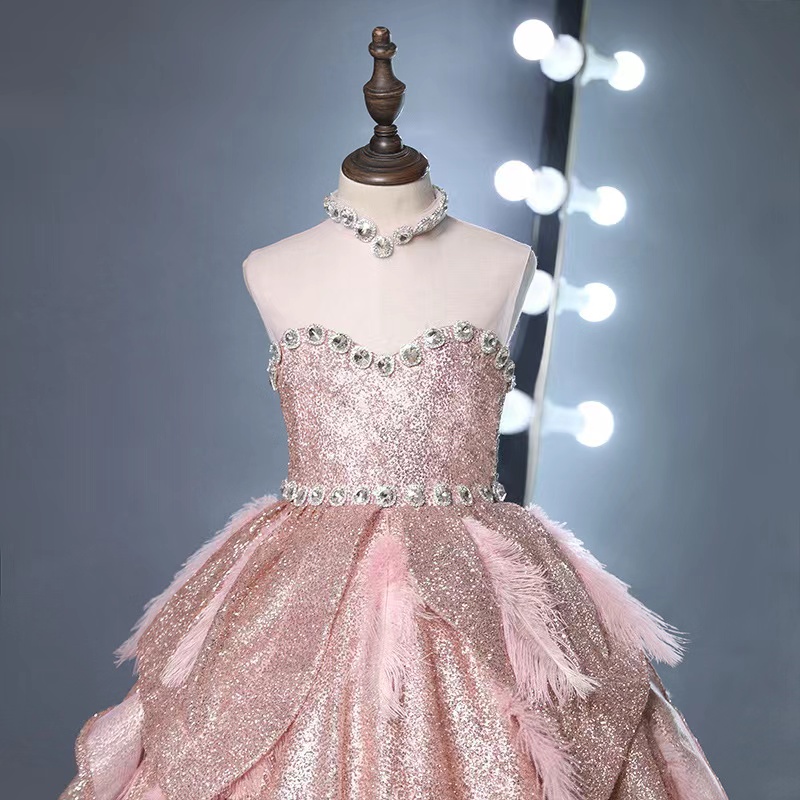 2024 Ball Gown Flower Girl Dresses for wedding sequined feather necklace Rhinestones Kids Pageant Dress beaded Girl's Birthday Party birthday par