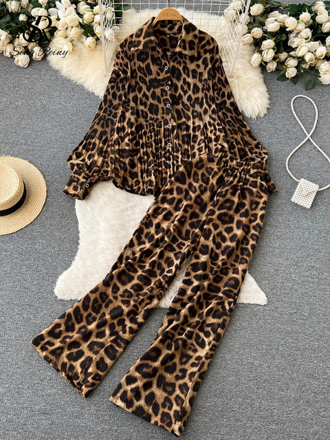 Womens Two Piece Pants SINGREINY Leopard Vinage Casual Autumn Suits Loose Folds Lapel Blouse TopsWide Leg Long Pants Streetwear Women Two Pieces Suits