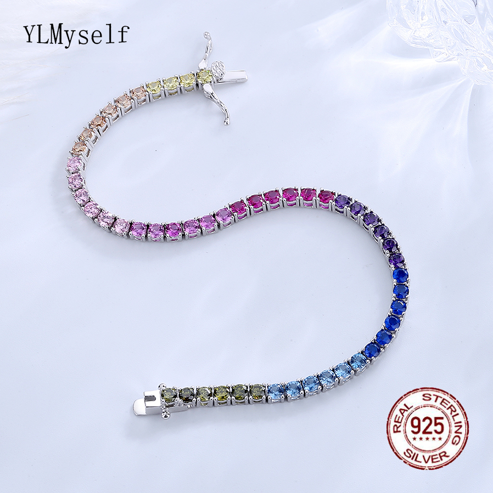Charm Bracelets Solid Real 925 Silver 3 mm Rainbow Zircon Tennis Bracelet 15161718 cm Pretty Colorful Fine Jewelry Chain For Women 230228