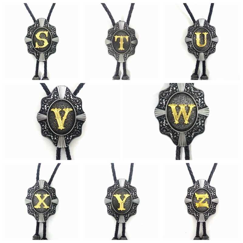 Neck Ties Golden Initial Letter A to Z Antique Silver Western Cowboy Rodeo Bolo Tie Adjustable Novelty Neckties for Men Accessories Gifts J230227